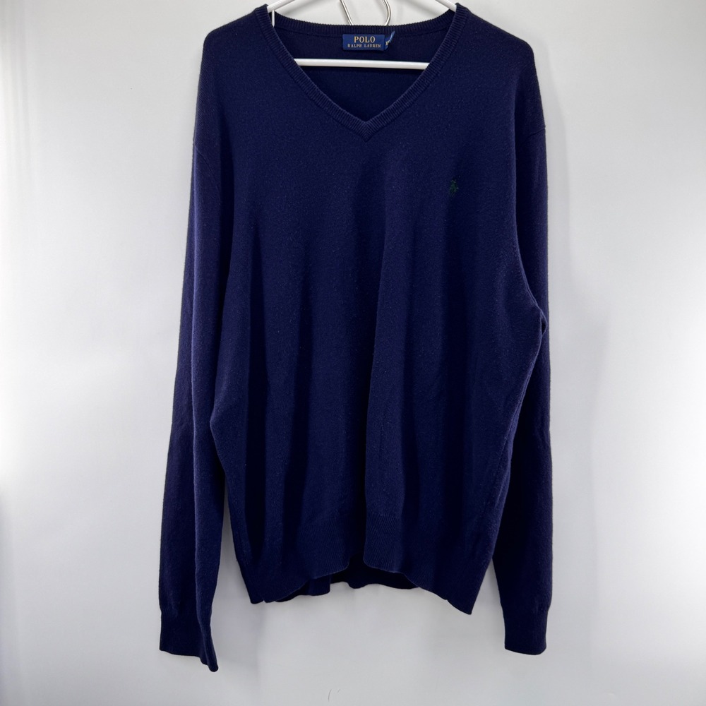 Polo Ralph Lauren Sweater Men XXL Navy Pullover 100% Merino Wool Pony V-Neck